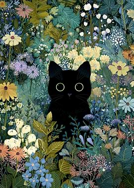 Black Cat in a Floral Garden