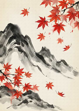 Japanese Ink Painting with Red Maple Leaves