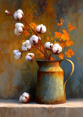 Cotton Still Life with Rustic Pitcher
