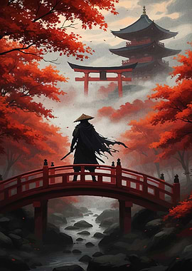 Samurai on Bridge in Autumn Landscape