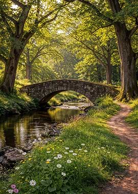 Stone bridge over stream in forest