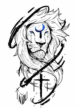 Lion Sketch with Symbol and Crosses