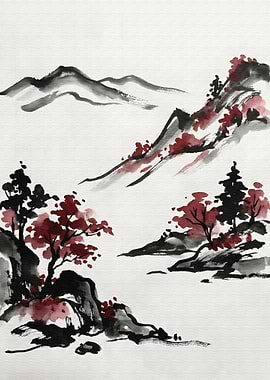 Ink Wash Painting of Mountain Landscape