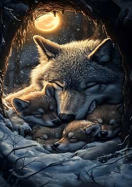 Wolf Family Sleeping in Winter Scene