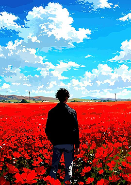 Red Flower Field and Blue Sky