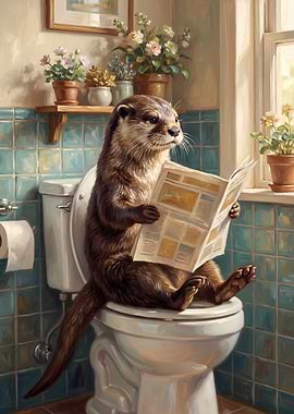 Otter Reading Newspaper on Toilet
