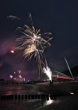 Fireworks Display at Night on Beach