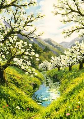 Spring Blossom River Landscape Painting