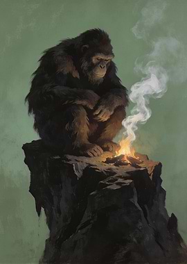 Contemplative Ape by Campfire