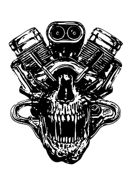 Skull Engine Black and White Illustration