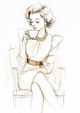 Elegant Woman Drinking Coffee Sketch