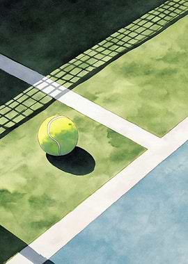 Watercolor Tennis Ball on Court
