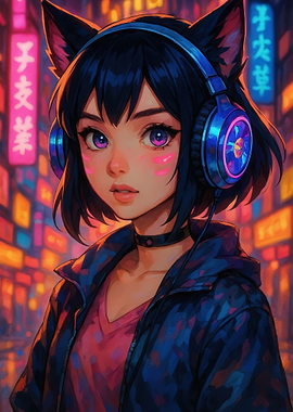 Anime Girl with Headphones in Cityscape