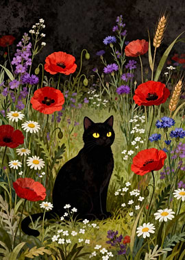 Black Cat in Wildflower Meadow