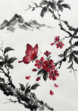 Red Butterfly and Cherry Blossoms Painting