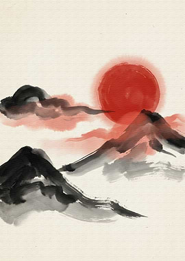 Japanese Ink Painting: Mountains and Sun