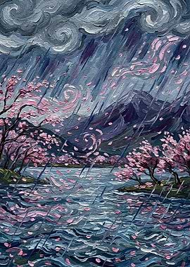 Rainy Cherry Blossom Landscape Painting