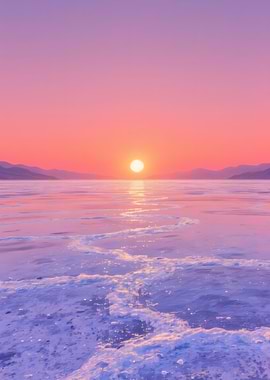 Pink Sunset Over Frozen Lake