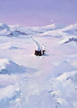 Silent Tracks - Black Cat Crossing a Snowbound Dreamscape