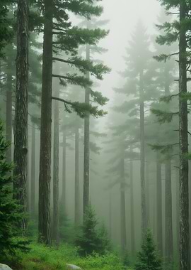 Misty Forest of Tall Evergreen Trees
