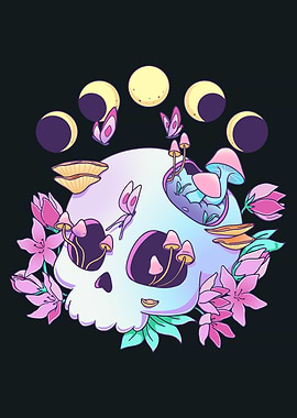 Pastel Skull with Mushrooms, Flowers, and Moon Phases