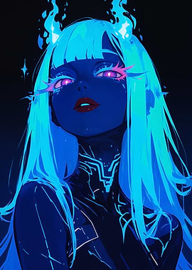 Blue-skinned woman with glowing eyes