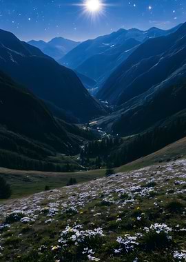 Mountain Valley with Flowers at Night