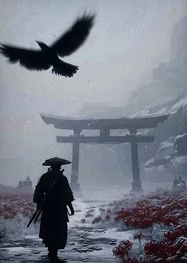 Samurai, Torii Gate, and Raven