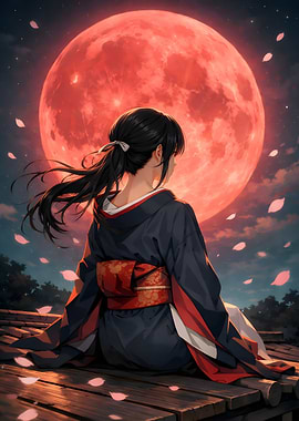 Anime Girl Under Red Moon