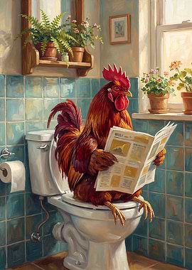 Rooster Reading Newspaper on Toilet