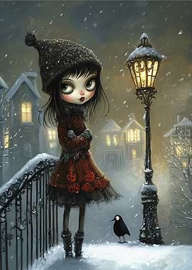Winter Girl with Crow by Lamppost