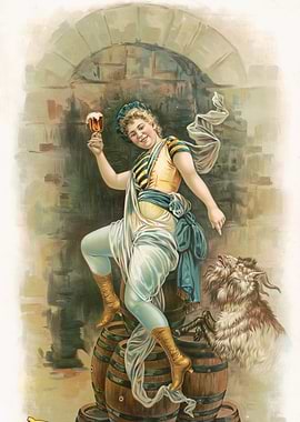 Vintage Beer Advertisement with Woman and Goat