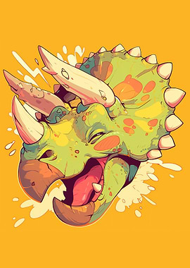 Cartoon Triceratops Head on Yellow Background