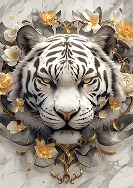 White Tiger with Golden Floral Accents