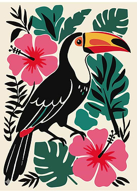Toucan with Hibiscus Flowers Illustration