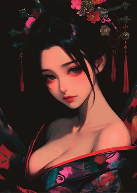 Geisha Portrait with Floral Hair Ornaments