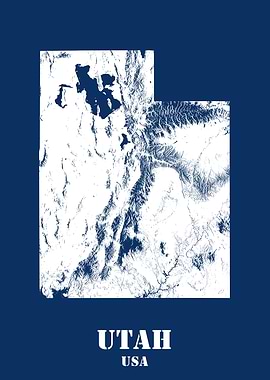 Utah USA State Minimalist White Topographic Contour Relief Map featuring terrain on navy blue background