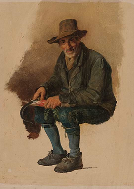 Man cleaning fish, painting