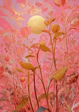 Pink Floral Landscape with Golden Sun