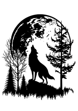 Wolf Howling at the Moon Silhouette