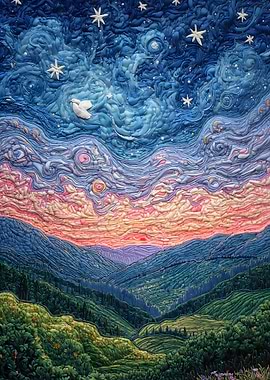 Quilted Landscape with Starry Sky