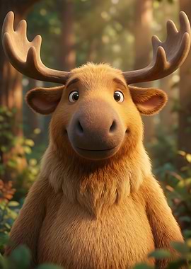 Cartoon Moose Portrait in Forest Setting