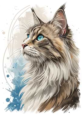 Watercolor Cat Portrait with Blue Eyes