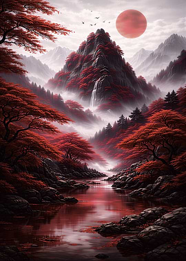 Red Japanese Mountain Landscape