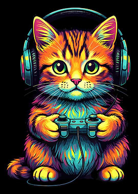 Gaming Cat Poster, Cat With Headphones Wall Art, Colorful Gamer Illustration Print