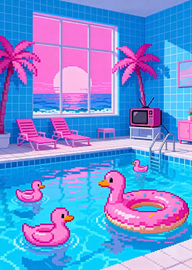 Pixel Art Pool with Pink Ducks