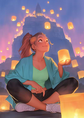 Girl with Lanterns at Asian Temple