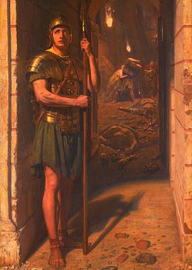 Roman Soldier Guarding a Chaotic Scene
