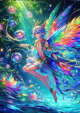 Rainbow-winged fairy in a magical forest