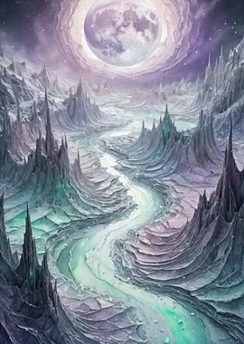 Lunar Ice River — Surreal Frozen Valley with Crystal Spires